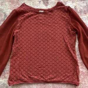 Free People Women's Red Boat Neck Lace Long Sleeve Puff Blouse Size L